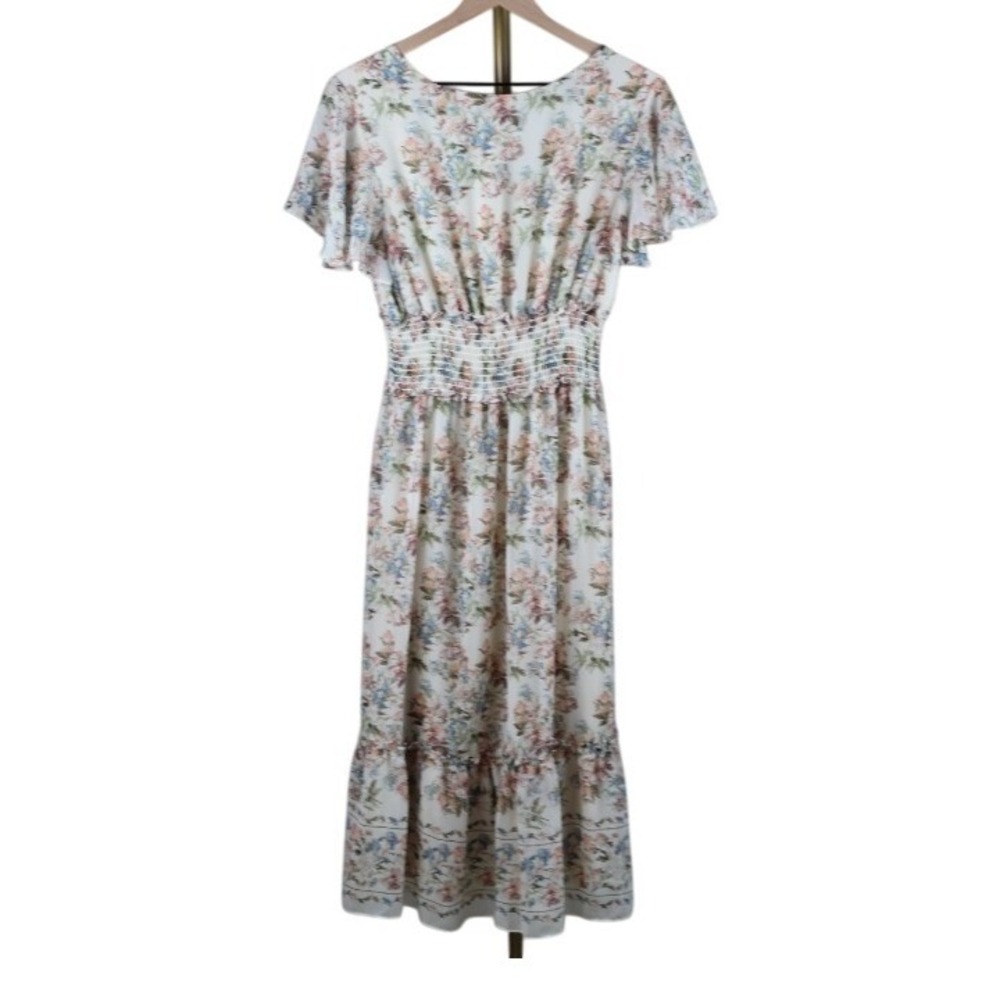 Max Studio Floral Smocked Waist Midi Dress V-Neck Flutter Sleeve Ivory Pink B. M - Picture 3 of 6